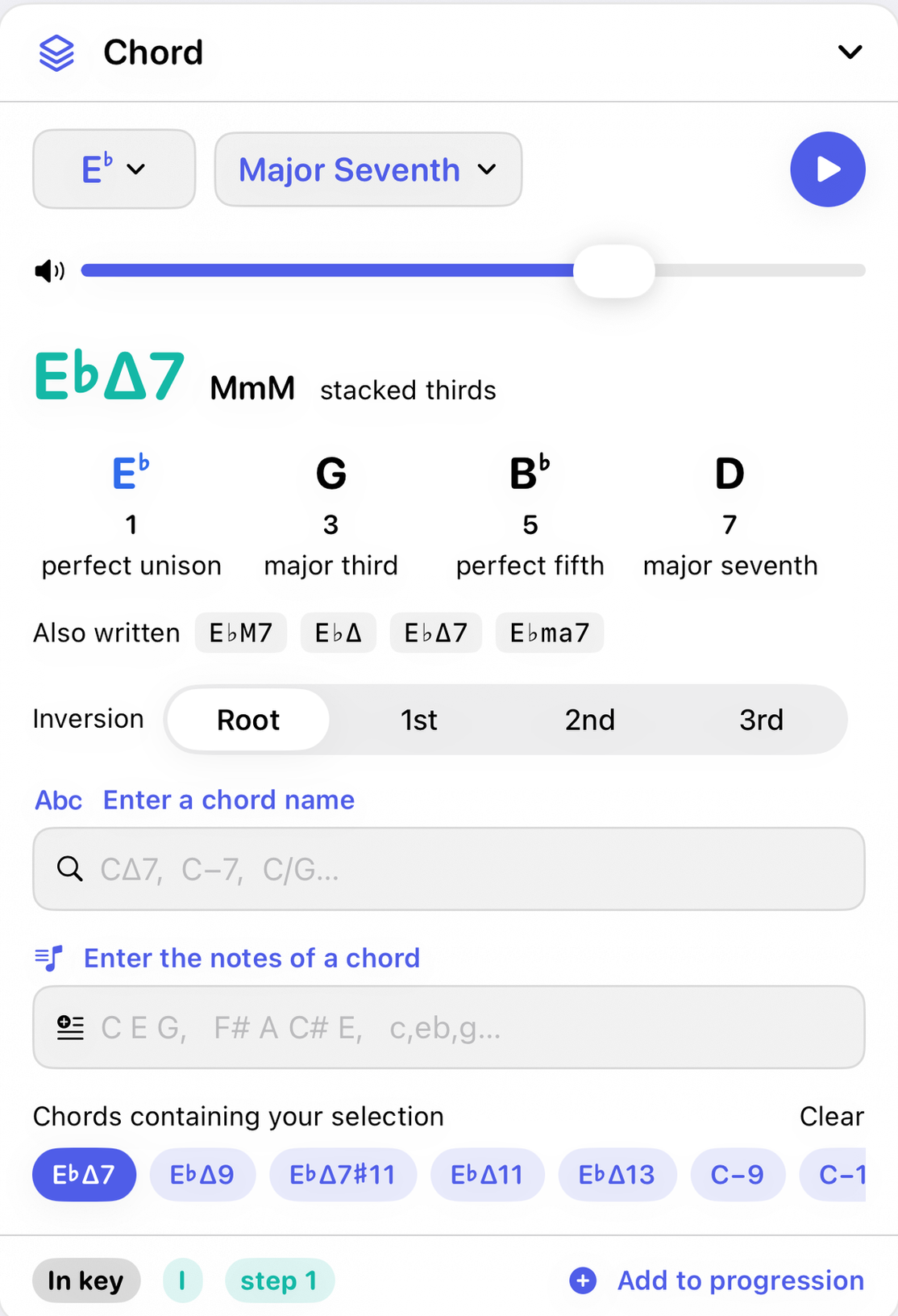 The Chord panel on iPhone showing E-flat major seventh, its four notes with their intervals, inversions and the two entry fields